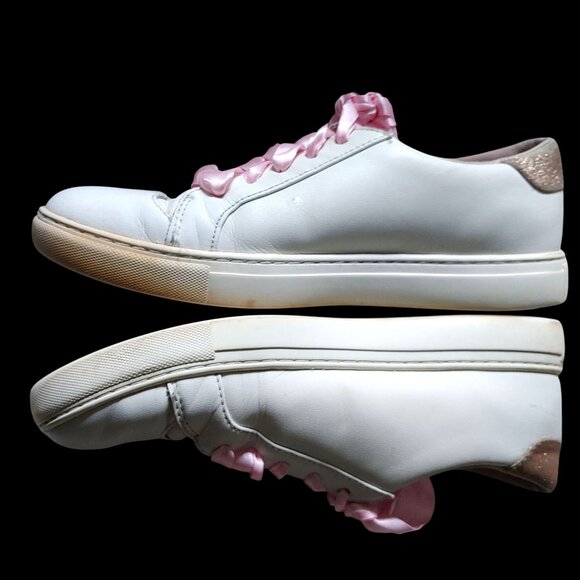 Kate Spade Fez Glitter Gold Spade Sneaker Shoe Leather Pink Ribbon 6.5 Preppy - Picture 1 of 9